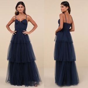 Lulus Unforgettable Poise Navy Blue Tulle Bustier Tiered Maxi Dress Wedding Prom